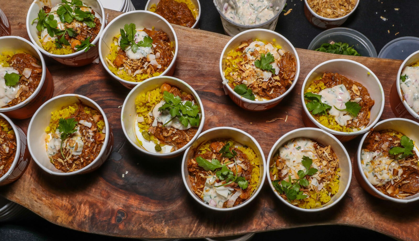 A group of curry dishes from overhead