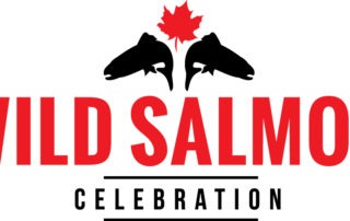 A logo for the Wild Salmon Celebration including two salmon and a maple leaf